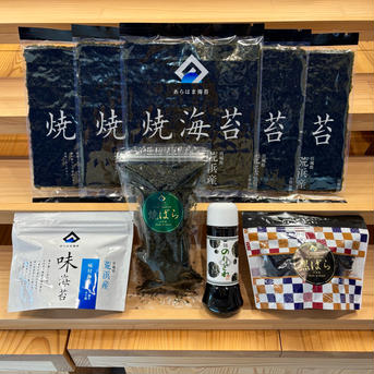 あらはま海苔<梅>セット 焼海苔<梅>10枚×5袋、味海苔(小袋×10袋)、黒ばら12g、焼ばら10g、のりどれ1本 魚介類/のり通販