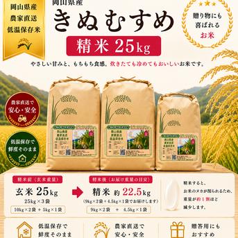 2026年 岡山県産 きぬむすめ 25kg 精米（精米後22.5kg程度でお届け